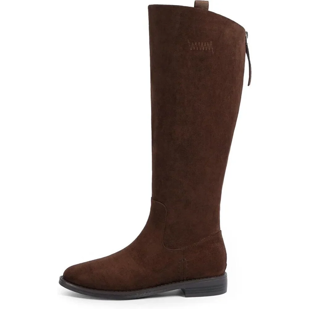 Women's A-suede chocolate  Rounded Toe Flat Low Chunky Zip Heel Knee High Boots